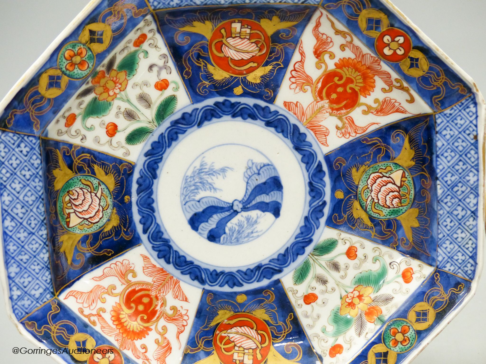 Two Japanese Imari octagonal plates, by Fukugawa, 21.5cm across, koransha marks